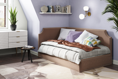 Угловая кровать, тахта, софа, подростковая MyCloud Брайтон, с подъемным механизмом, бельевым ящиком, боковой спинкой, без ножек, с молдингом