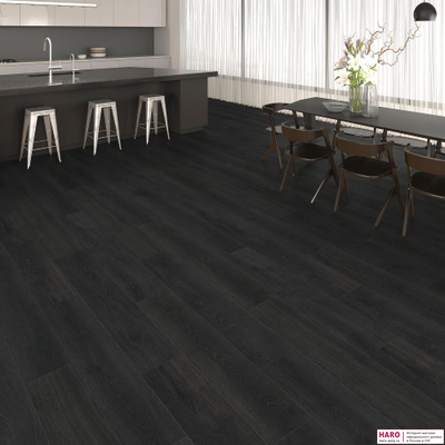 Декор ламината Haro Tritty 200 Aqua Дуб Контура Черный 541554 в интерьере гостиной