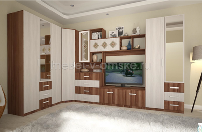 Шкаф "Эмма" в интерьере, в наборе мебели №1 в расцветке Слива Валлис/ Бодега светлый.