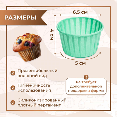Форма бумажная/капсула для капкейков б/ламин. (100 шт., бирюза), 50*40мм