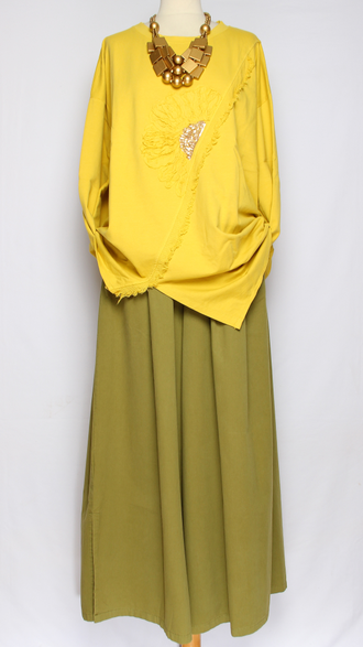 Джемпер Бохо хлопок "Цветок пайетки" яблоко, хаки, черный, желтый до р.54