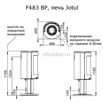 Схема печи Jotul F483 BP, высота, ширина, глубина