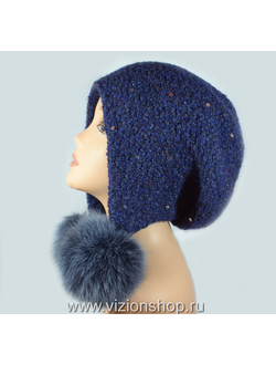 Меланжевая шапка  ушанка вязаная синяя с помпонами Италия Vizio 6444 фото
