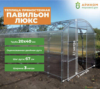 Теплица прямостенная &quot;Павильон ЛЮКС» (оцинкованный каркас 20х40 мм, шаг дуги 0,67 метр)10м