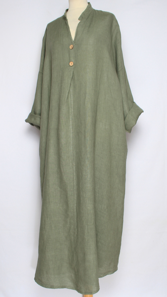 ПЛАТЬЕ БОХО ЛЬНЯНОЕ "СТОЙКА ЗАЩИП ПУГОВИЦЫ"  бежевое, хаки, черное, салатное, яблоко, апельсин, желтое  до р.54