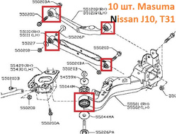 Комплект сайлентблоков задней подвески Ниссан Кашкай J10  10 шт Masuma