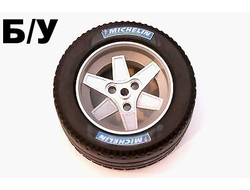 ! Б/У - Wheel 62mm D. x 46mm Technic Racing Large, with Black Tire Technic Racing Large with MICHELIN White Pattern 22969 / 32296pb02, Metallic Silver (22969c03) - Б/У