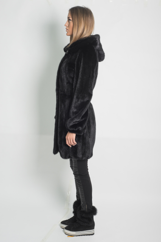 Шуба норковая  с капюшоном женская Лилия натуральный  мех   зимняя, черная АРТ.Д-047