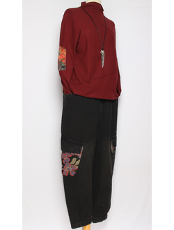 Джемпер вареный хлопок "Строчки заплатки" винный, шоколад до р.50