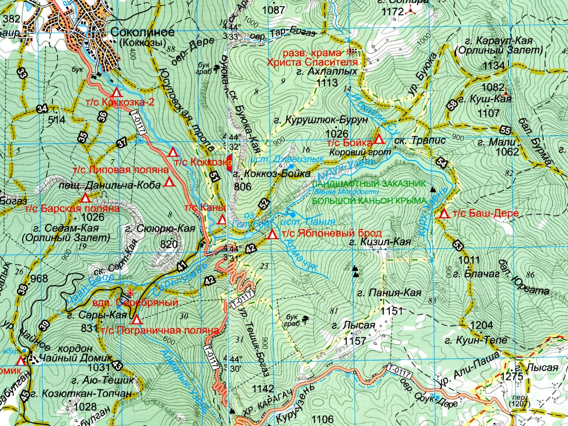 Большой каньон Крым на карте 1:50000