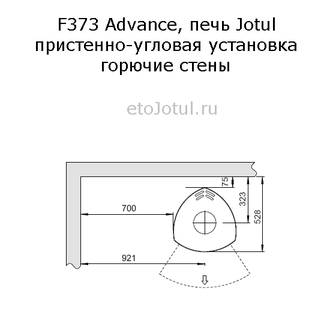 Установка печи Jotul F373 Advance BP пристенно в угол, горючие стены, отступы