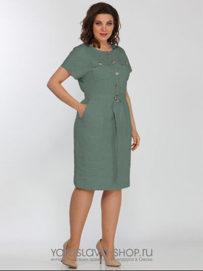 Платье прямого силуэта мятного оттенка на пуговицах