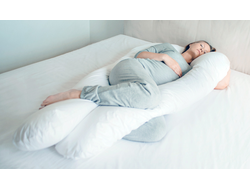 Длинная подушка для беременных на молнии с ластовицей U maxi 400 см био пух + наволочка на молнии сатин страйп белый