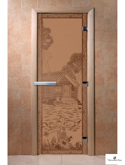 Дверь стеклянная для бани и сауны "Банька в лесу" Бронза матовая  8мм Ольха 1900*700
