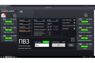 Пример интерфейса SCADA вентиляции и отопления для спортивного комлекса