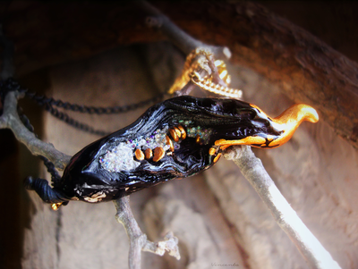 "Семечко из сада Нави", подвеска с чёрным перцем чили и золотыми семенами