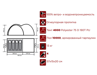 Палатка INDIANA ATRIUM 4, цвет оливковый/серый, (455x240x180 см), 13 кг