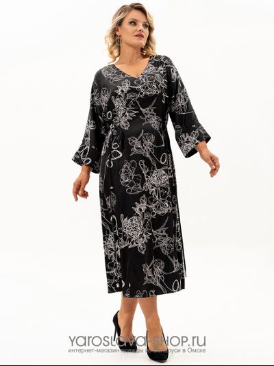 Женское платье-кимоно черного цвета с цветочным принтом