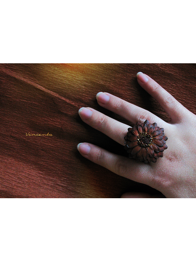 Необычное кольцо "Медная Календула" из полимерной глины. Серия колец-цветов из коллекции волшебных украшений Винсенто