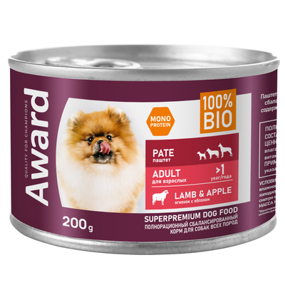 AWARD (Эворд) влажный корм (консерва) паштет для собак, Ягненок, Яблоко 200 г