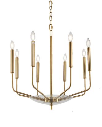 Люстра с круглым стеклянным диском внизу, над которым расходятся 8 металлических держателей, в виде свечи.