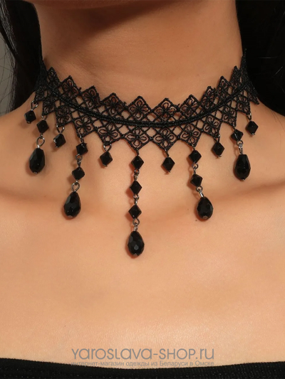 Женский чокер кристалл с бусинами и кружевом