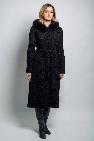 Шуба женская  пальто Лилия натуральный  мех каракуль, с капюшоном, зимняя, черная арт. ц-014