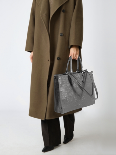 (АРТИКУЛ: 10137/1/5) СУМКА ЖЕНСКАЯ БОЛЬШАЯ, НАТУРАЛЬНАЯ КОЖА С ТИСНЕНИЕМ "КРОКОДИЛ", СЕРАЯ, РУЧКИ И РЕМЕНЬ ЧЕРЕЗ ПЛЕЧО