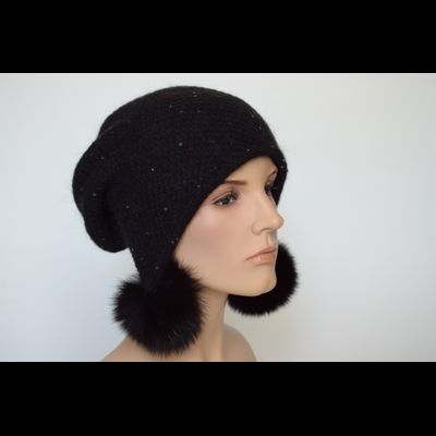 Черная женская шапка ушанка с помпонами вязаная Vizio 6463