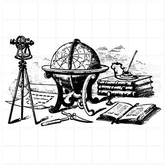 Винтажный штамп стол путешественника - блокнот для записей, астролябия, перо в чернильнице, книги