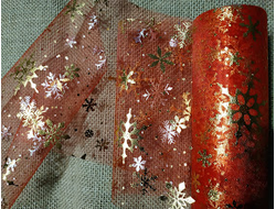 Фатин "Снежинки" цвет-красный с золотыми снежинками, длина 1 м, ширина 15 см