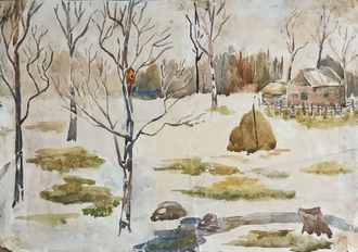 "Ранняя весна в деревне" бумага акварель Мельников С.Ф. 1960 год