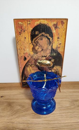 Лампадка в сборе (стаканчик, поплавок, фитиль, паучок для ладана) - Синяя