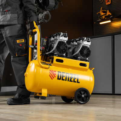 Компрессор безмасляный, малошумный DLS 1500/50, 1500 ВТ, 2x750, 50 л, 260 л/мин Denzel