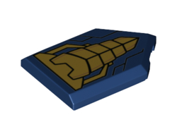 Tile, Modified 2 x 3 Pentagonal with Gold Triangle Chest Protector and Black line Detail Pattern, Dark Blue (22385pb183 / 6288585)