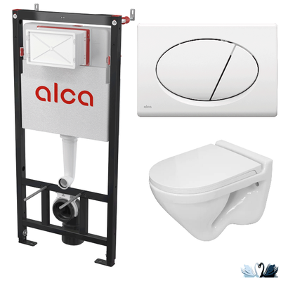 Инсталляция с подвесным унитазом: Alcadrain AM101/1120-3:1 RU M70-0001 с белой клавишей и Sanita Lux Attica ATCSLWH0104