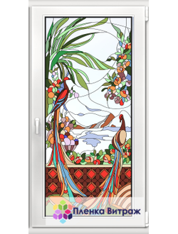 Витражная пленка, витражная пленка самоклеющаяся под заказ,пленочный витраж флора с птицами павлинам