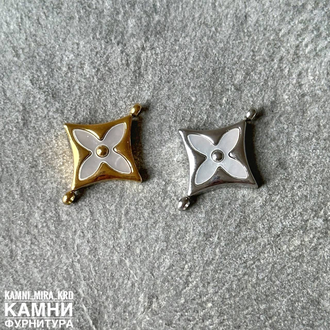 Коннектор круг и ромбик цветок с перламутром ЛЮКС 15 мм, нержавеющая сталь, цвет в ассортименте, цена за штуку