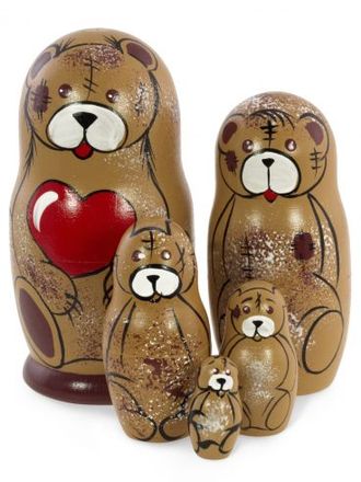 Матрешка Мишка с сердцем 5-и кукольная 100*50 мм коричневый