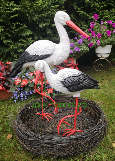 Аисты в гнезде 2шт.(Аист-70см, аист-80см ) полистоун Аист - является символом новой жизни. Согласно русским народным поверьям, аист - птица, приносящая счастье в Ваш дом. Также аист покровительствует рождению детей.