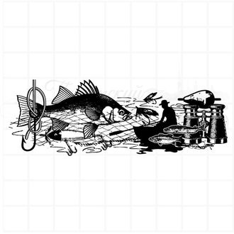 Штамп с рыбаком, рыбой, крючком и сетью