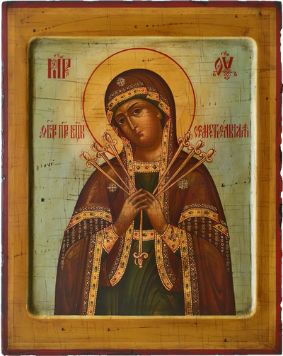 Семистрельная Богородица (ОБРАЗ "УМЯГЧЕНИЕ ЗЛЫХ СЕРДЕЦ"). Рукописная икона. 22х28см.