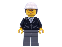 Construction Engineer / Architect - Female, Black Suit Jacket with White Button Up Shirt, Dark Bluish Gray Legs, White Construction Helmet with Dark Brown Ponytail Hair, Glasses, n/a (cty1816)