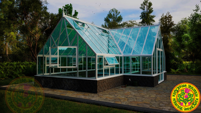 Базовая комплектация теплицы в английском стиле с холлом из стекала и алюминия ИМПЕРИАЛ размером 4000 х 10000 мм