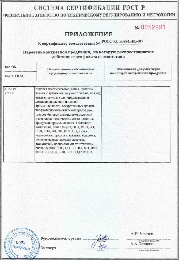 Сертфикат соответствия на колпачки и крышки из пластмассы
