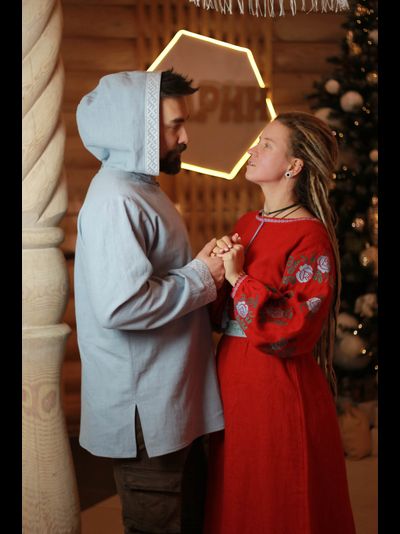 Рубаха с капюшоном «Утро Сварога» небесная