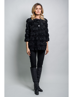 Шуба Женская куртка трансформер поперечная Лилия  натуральный мех каракуль и замша, черная Арт. Ц-048