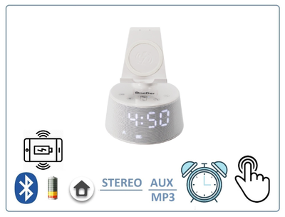 OneDer V02 Bluetooth колонка HiFi СТЕРЕО, с информатором времени/будильник, + модуль беспроводной зарядки, с сенсорным управлением,  с аккумулятором для использования в помещении