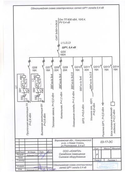 Проект электрических сетей складского помещения, 2017 г.