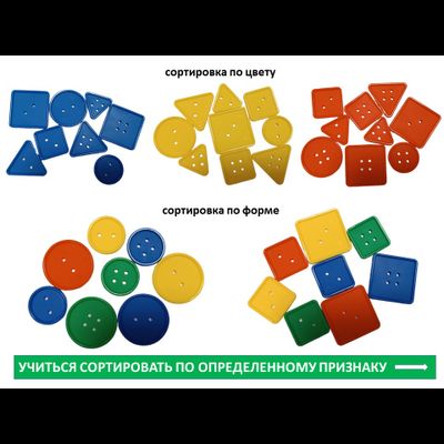Шнуровка "Пуговицы" (3 формы, 2 размера, 4 цвета, 48 шт., 4 шнурка, 10 карточек).